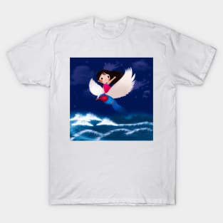 Girl and Bird Soaring Over Ocean Waves T-Shirt